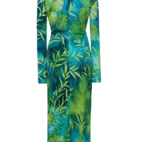GIANNI VERSACE COUTURE RUNWAY JUNGLE-PRINT DEEP V-NECK MIDI DRESS IN GREEN - Picture 2 of 10